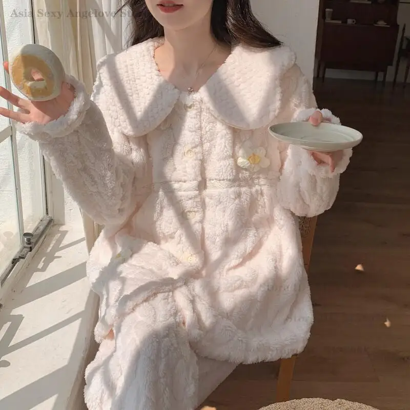 

Новый зимний женский пижамный комплект из кораллового флиса из 2 предметов, повседневная одежда для сна, милая милая домашняя одежда, пижамный костюм, плотная теплая ночная рубашка, домашняя одежда