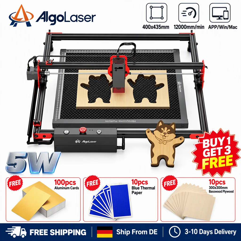 Image of AlgoLaser 5W Laser-Graviergerät DIY-Kit Desktop-Graviermaschine mit 10 Holzstücken 100 Goldkarten Kostenlose APP-Steuerung 12000mm/min für Holz Leder Metall 400x435mm