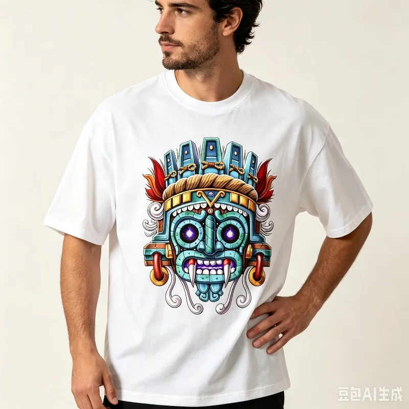 Tribal Mask Print Men T Shirt Summer Casual Simple Versatile Loose Short Sleeve Black White Streetwear Tee