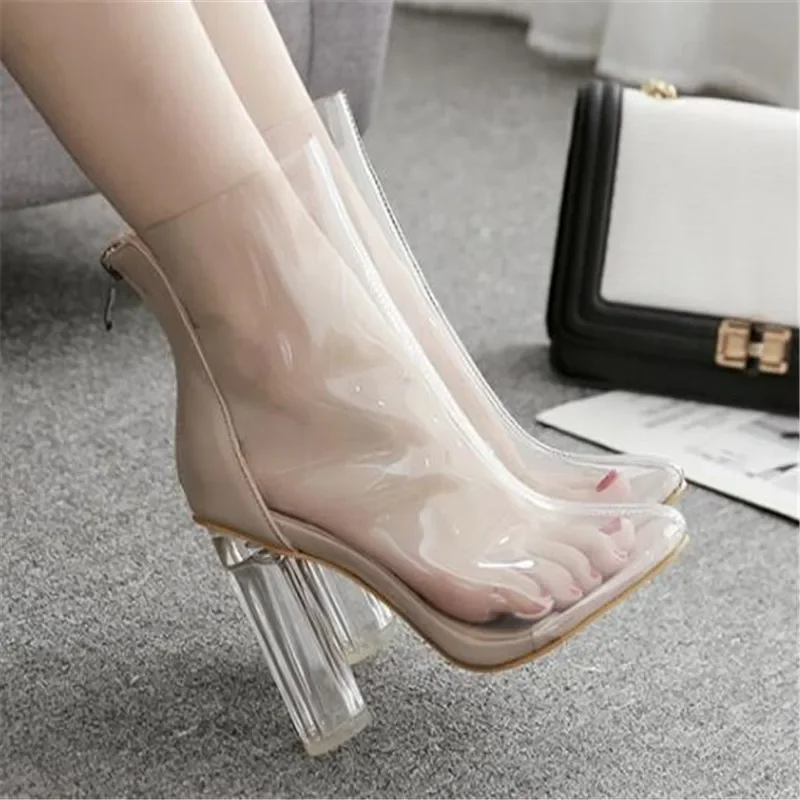 Women\'s Shoes High Heels PVC Slip on Square Heel 11cm Pointed Toe Women\'s Boots