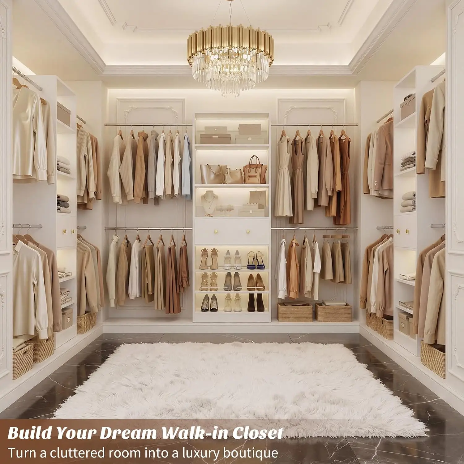 Wood Closet Organizer Expandable Wardrobe with Drawer & 4 Hanging Rods Heavy Duty 1000Lbs Bedroom, Customized