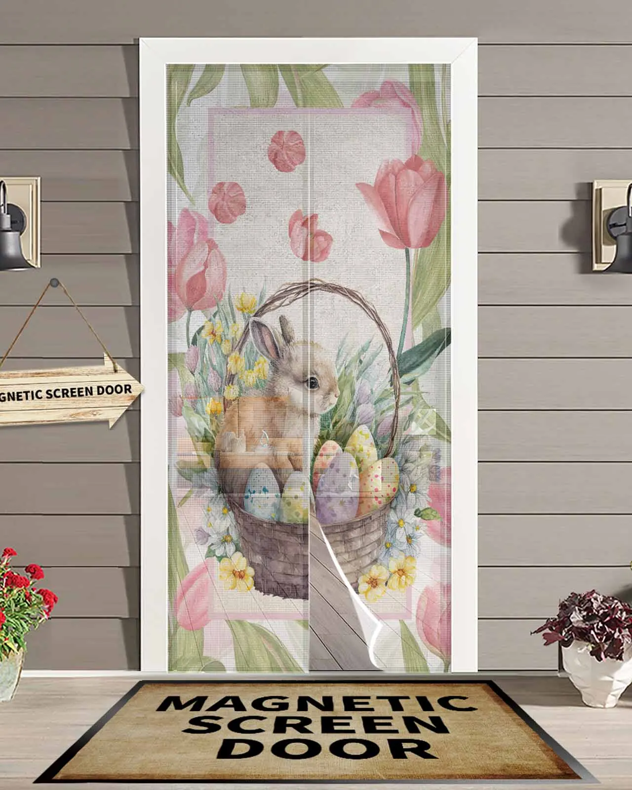 Easter Bunny Tulip Flowers Summer Magnetic Door Curtain Living Room Bedroom Home Anti-mosquito Screen Door Curtain