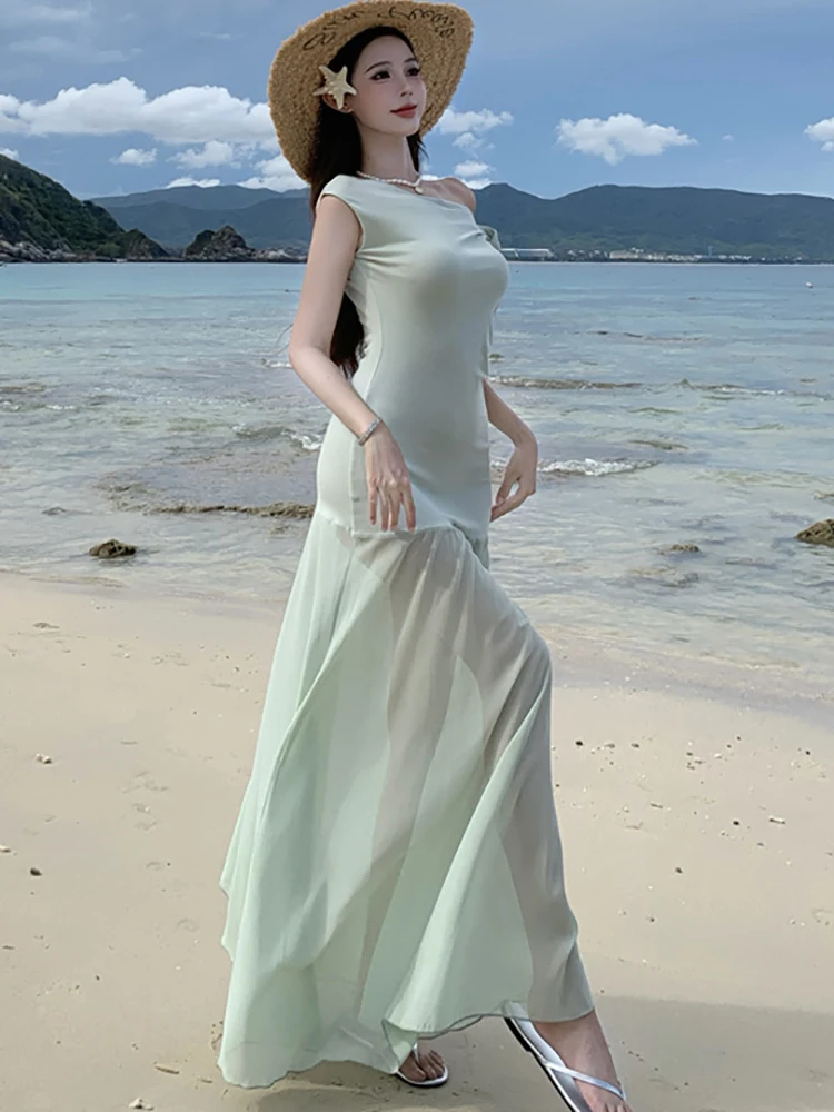 Zomer Solid Mesh Chic Diagonale Kraag Sexy Lange Jurk Vrouwen Elegante Bodycon Sheer Jurk 2025, Koreaanse Luxe Festival Feestjurk