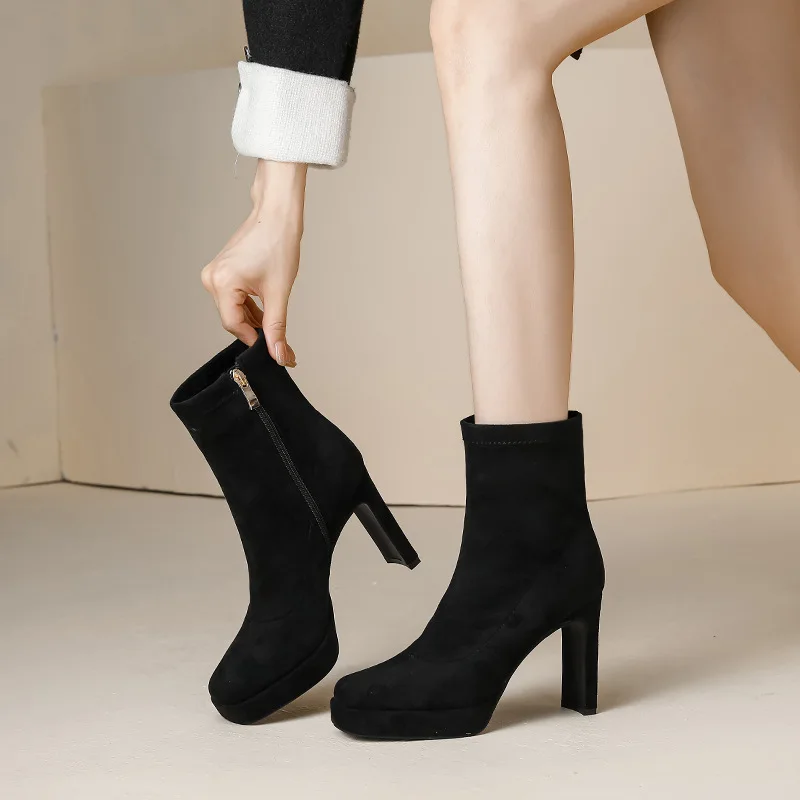 

Size 34-42 10cm High Heels Chunky Heel Square Toe Short Boots Women Platform Boots