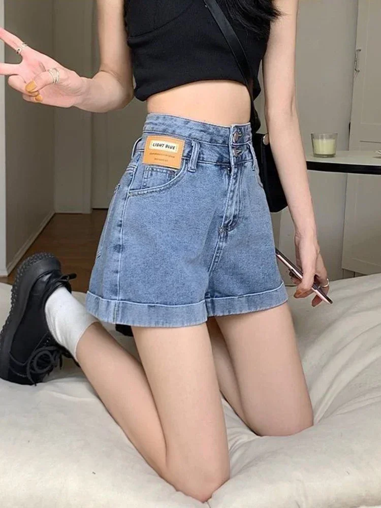 New Korean Academy Casual Women's Wide Leg Shorts Summer Street Yk2 Harajuku High Waist Fashion Women Loose Button Denim Shorts