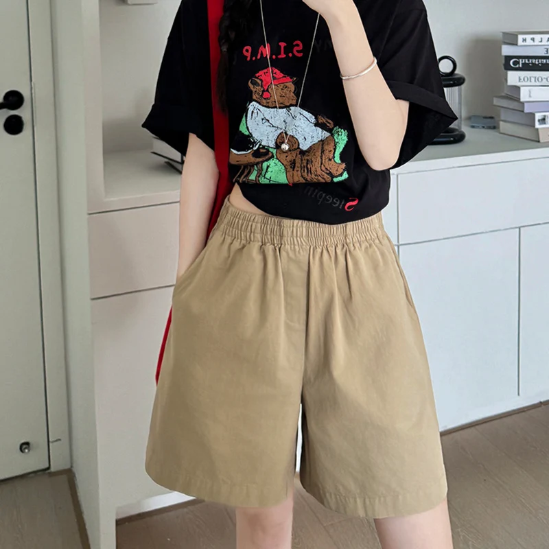 All Match High Waist Wide Leg Shorts Women Summer Solid Color Pocket Elastic Waisted Shorts Woman 2025 Korean Short Pants Female