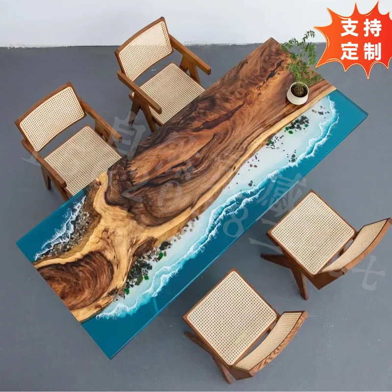 Cross-border South American Walnut Resin Large Board Solid Wood Ice Crystal Table Tea Table Coffee Table Office Reception Negoti