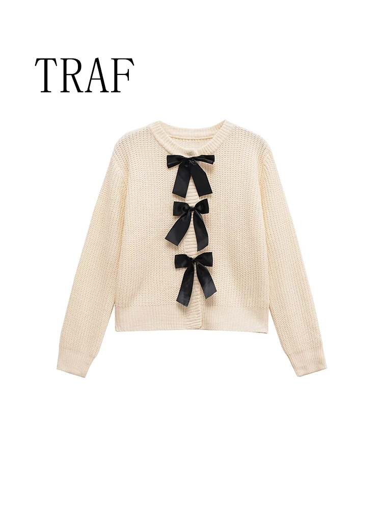 

TRAF European and American style summer new design sense versatile soft slim round neck long sleeve knitted cardigan