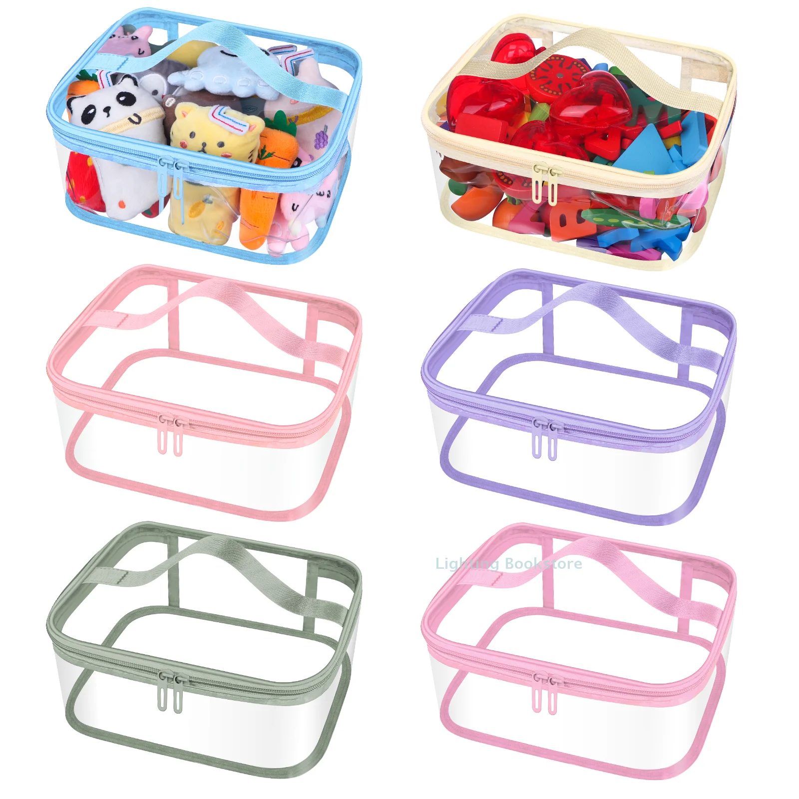 6 Pcs Clear PVC Toy Storage Bags With Handles 9.1x6.7x3.9 Inch Travel Toiletry Bags Waterproof Toy Storage Organizer Pouch With