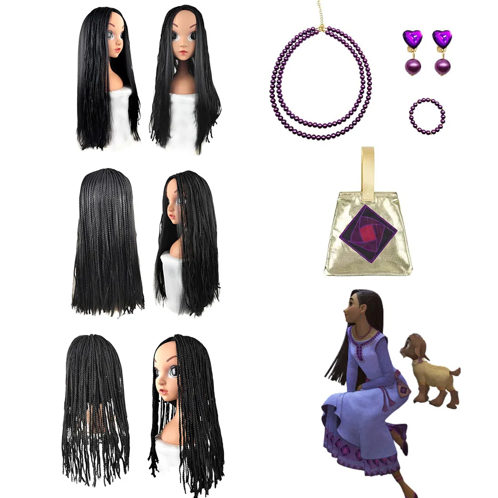 Wish Asha Princess Braided Wig Necklaces Anime Cosplay Black Synthetic Hair for Kids Adult Fancy Halloween Party Wigs