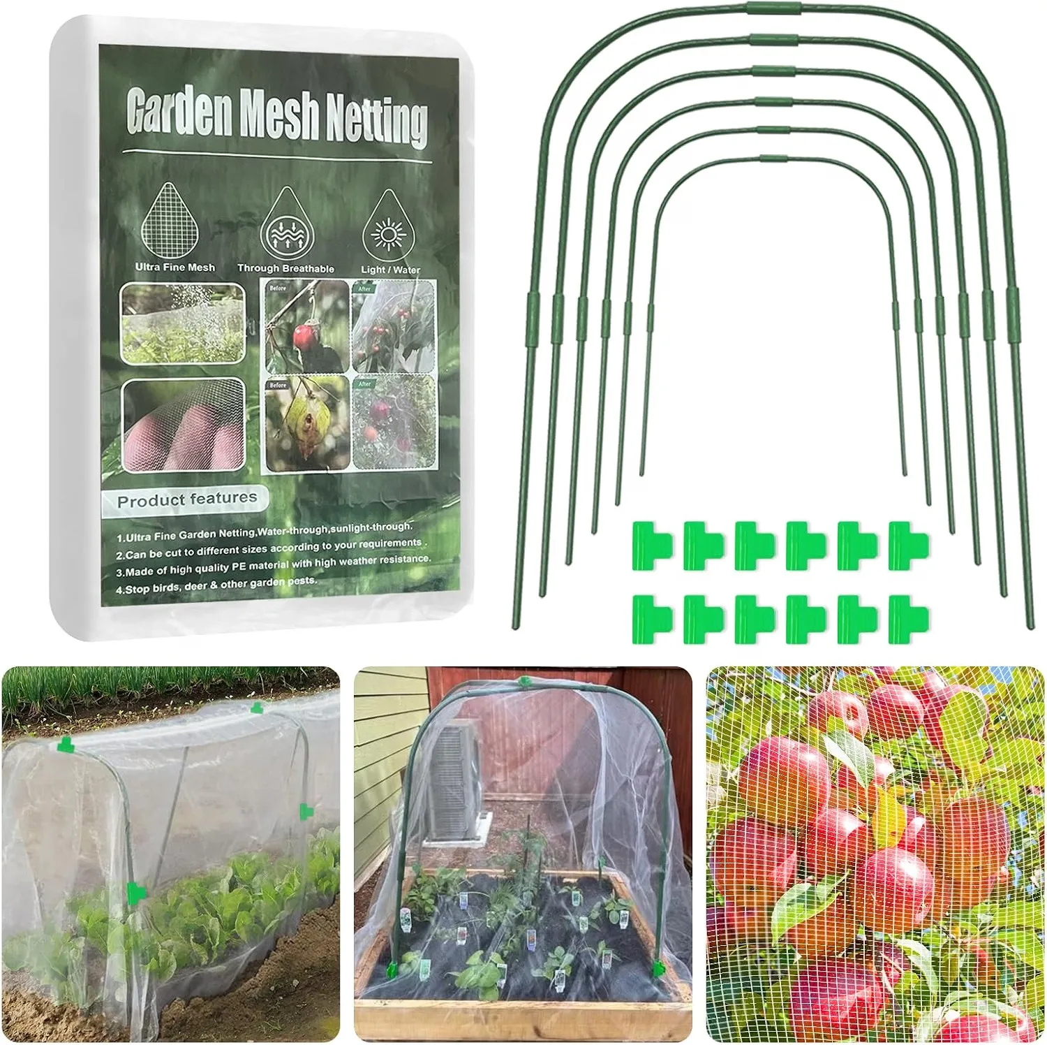 Garden Net Kit, 10 * 30 Feet Ultra-fine Plant Net Cover, With 6 Garden Hoops and 18 Clips, Row Cover Net For Protecting Fruit Trees, Vegetable Fruits, Flowers, Shrubs