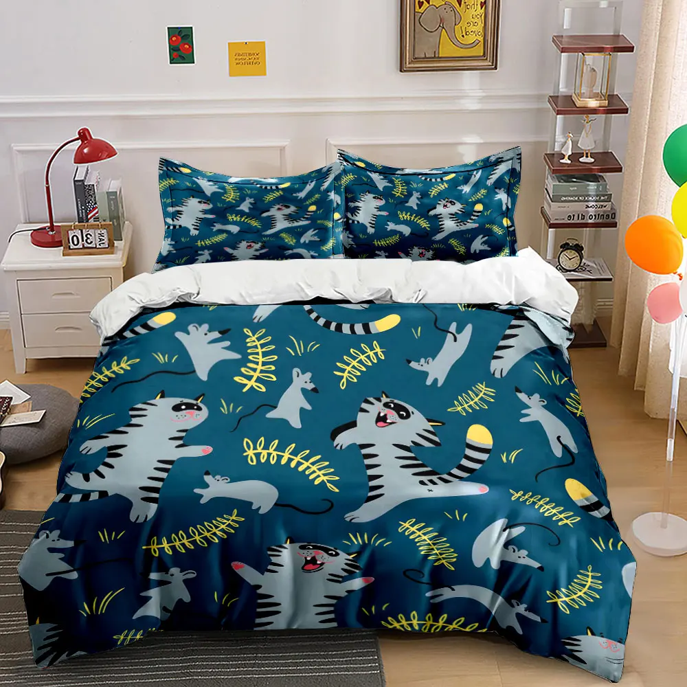 Fun blue pattern of cats and mice Pattern Duvet Cover Set Digital Print Colorful Polyester Bedding with Zipper Closur for gifts