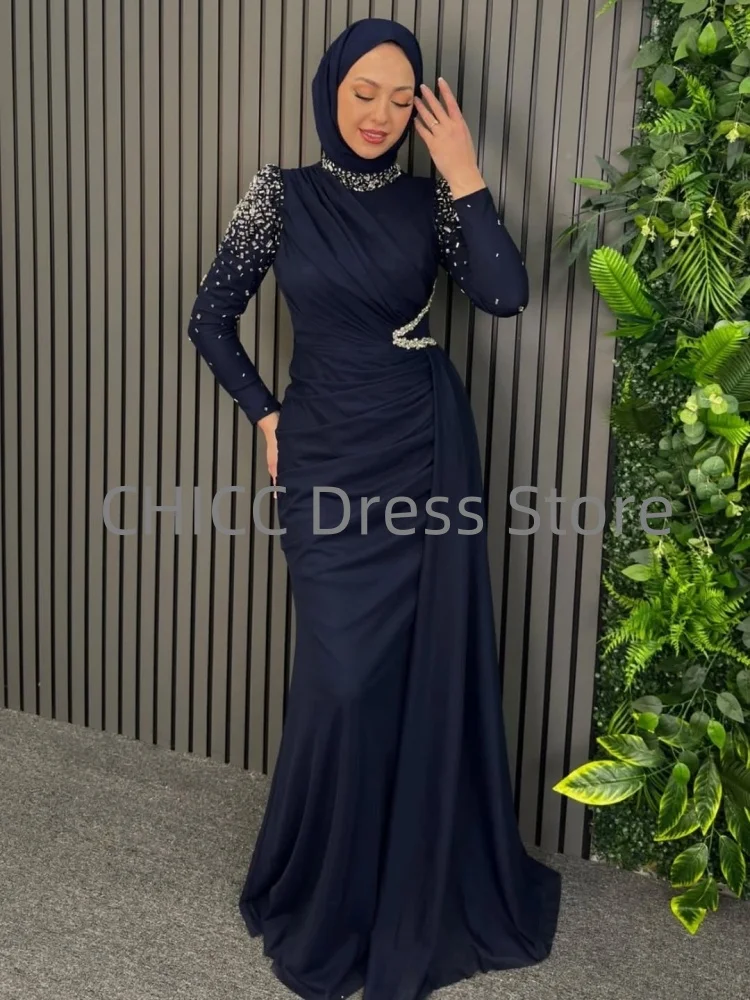Мусульманские вечерние платья с высоким воротом и длинным рукавом, женское платье русалки со шлейфом и бисером, плиссированное вечернее платье для выпускного вечера по индивидуальному заказу