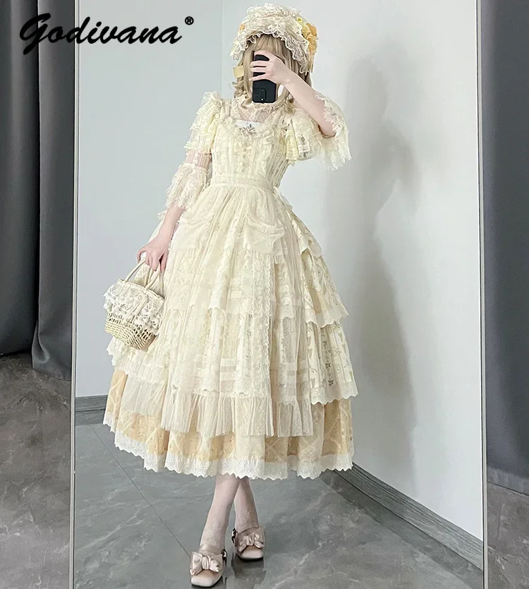 

Pastoral Embroidery Print CLA Jsk Lo Summer Long Dress Sweet Girl Female Small Lace Cape Shirt Yellow Flower Sling Dress Set