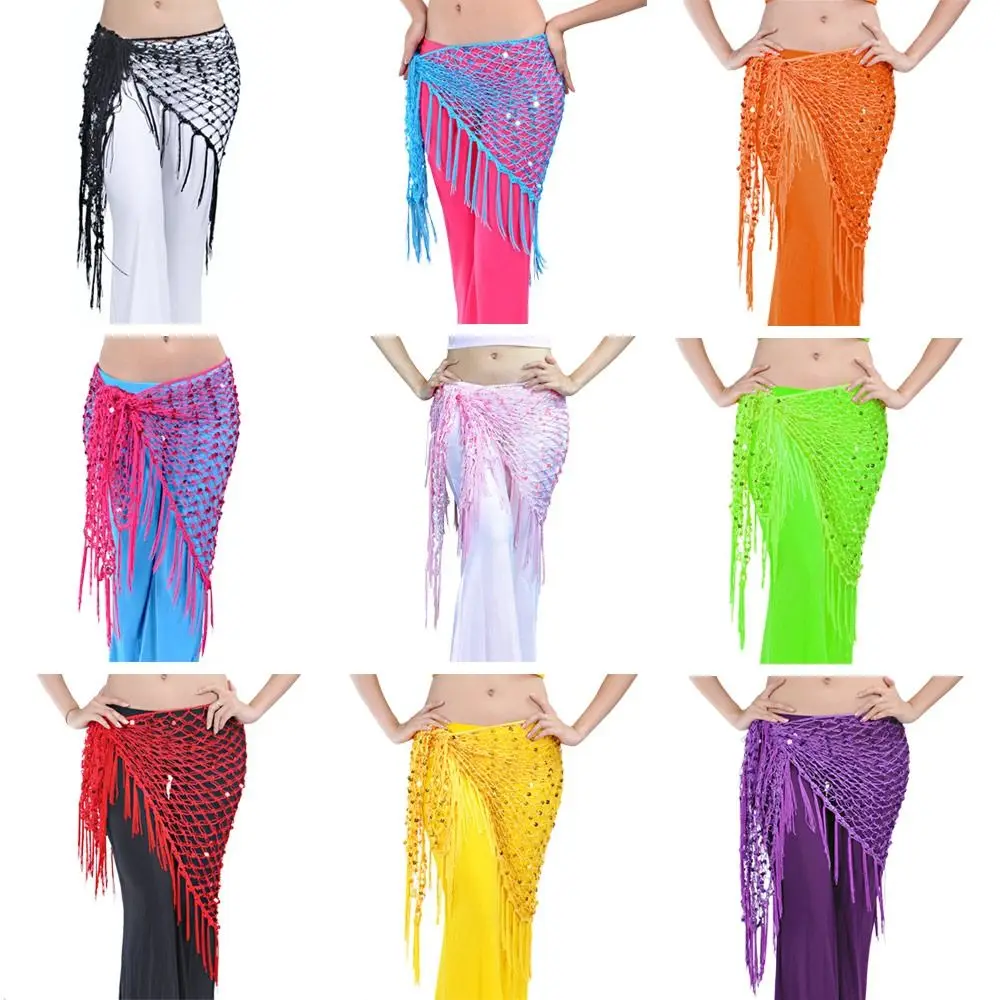 Moda borla dança do ventre hip cachecol lantejoulas boêmio cintura corrente crochê dançarina saia dança