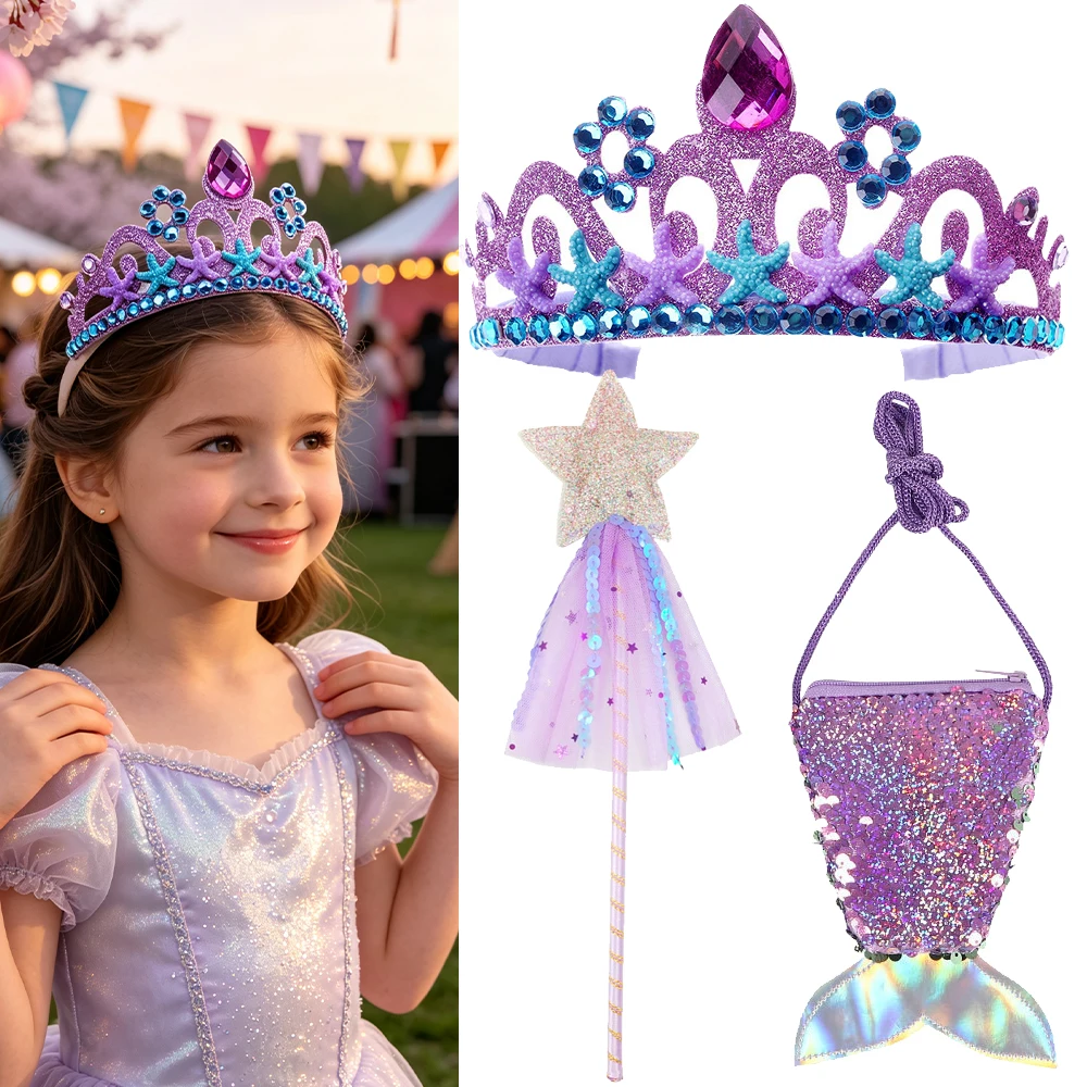 Princess Crown Mermaid Tail Necklace Purple Fish Tail Bag Star Wand Complete Jewelry Set For Girls Gift