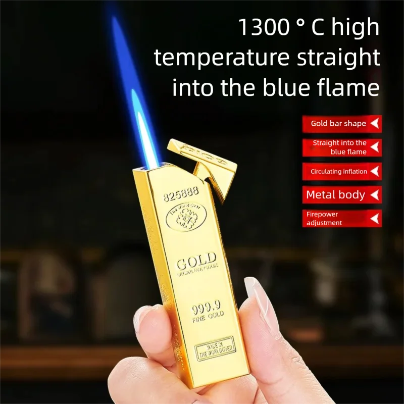 

New Jet Blue Flame Gold Bar Shape Butane Lighter High Temperature Firepower Adjustment Metal Body Windproof Cigarette Lighter