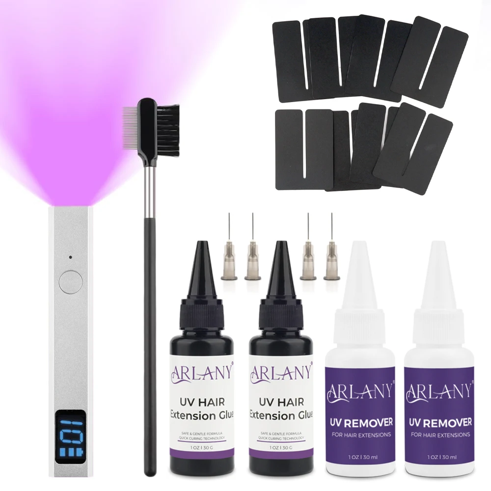 arlany-kit-d'outils-d'extension-de-lampe-uv-30g-colle-uv-pour-cheveux-avec-30ml-dissolvant-de-colle-uv-8-pieces-protections-de-bouclier-ensemble-de-cheveux-uv-extensions-invisibles