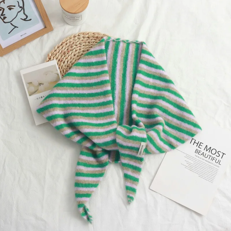 الكورية نمط Ins بسيط مخطط محبوك مثلث شال المرأة الخريف الشتاء موضة كل مباراة الدافئة الرقبة حماية وشاح خارجي