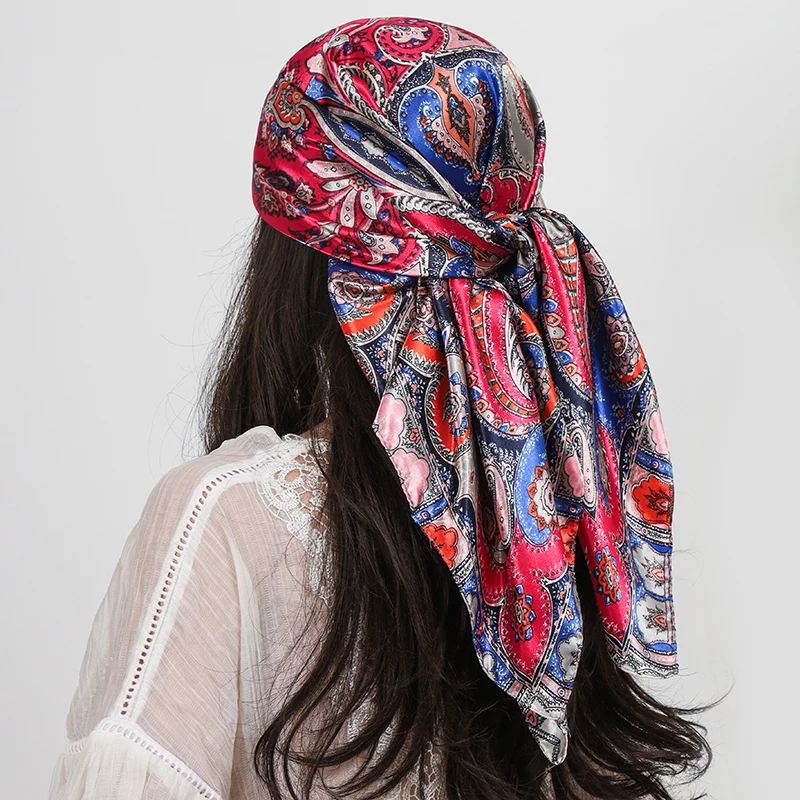 90 cm Platz Silk Schals Frauen Hijab Schals Paisley Cashew Blume Drucken Kopftuch Femme Kopf Schal Foulard Bandana Strand Pareo – Detail 16