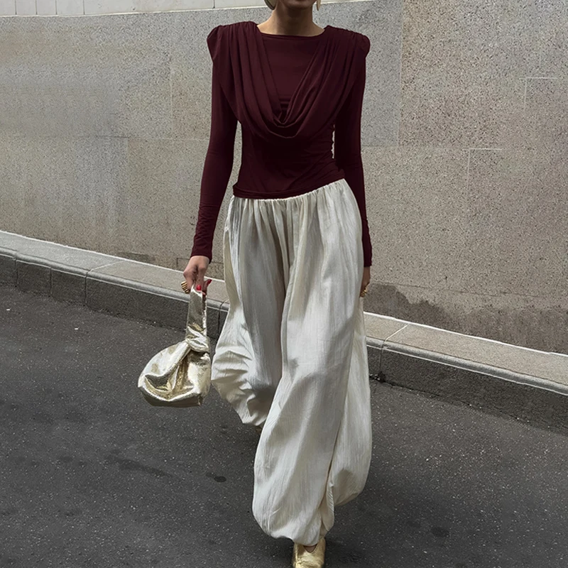 BKLD Autumn Winter Elegant Round Neck Draped Design Full Sleeved Slim Fit Fashion Women's Casual Vintage Versatile Tops Clubwear
