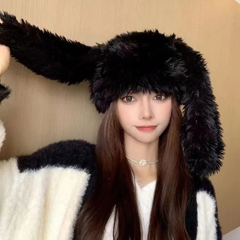 Winter fashion plush bunny ears hat Cute girly temperament elegant winter pullover hat