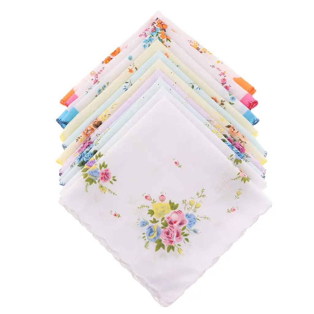 10x Women Cotton Printed Handkerchief Hanky Kerchiefs Pocket Square Blossom Design with Wavy Edge Women Handkerchiefs