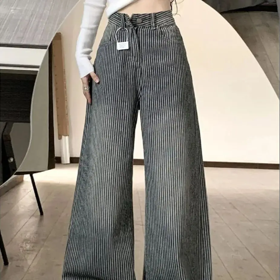 

American Retro Striped High Waist Wide-Leg Jeans Women Spring Summer New Loose Slim Straight-Leg Casual Floor Trousers