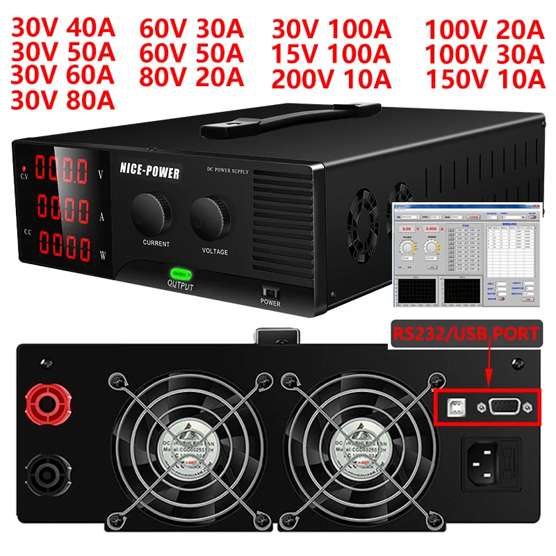 

3000 Вт, 1800 Вт, программируемый регулируемый лабораторный настольный источник питания постоянного тока, 30 В, 60 В, 100 В, 200 В, 80 В, порт RS-232/USB 40 А, 100 А, 80 А, 60 А