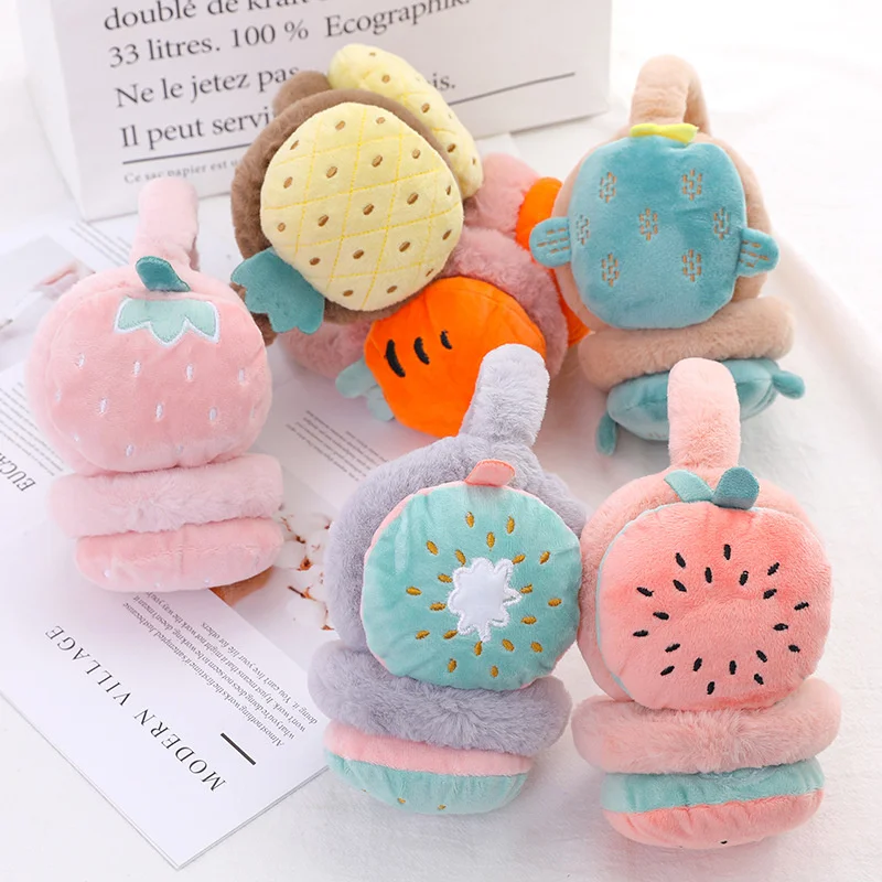 Winter Warm Earmuffs Cute Cartoon Fruit Girls Fluffy Fold Burger Shape Headphone Soft Cashmere Warmer Fake Fur Earlap New 2024