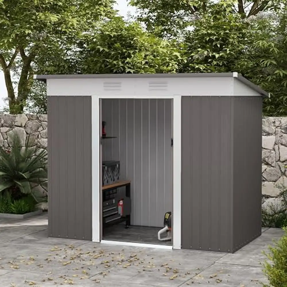 Outdoor Metal Lean to Garden Shed Double Sliding Doors 8' x 4' Tool House Air Vents Patio Storage Endurance Steel Shed 92.5