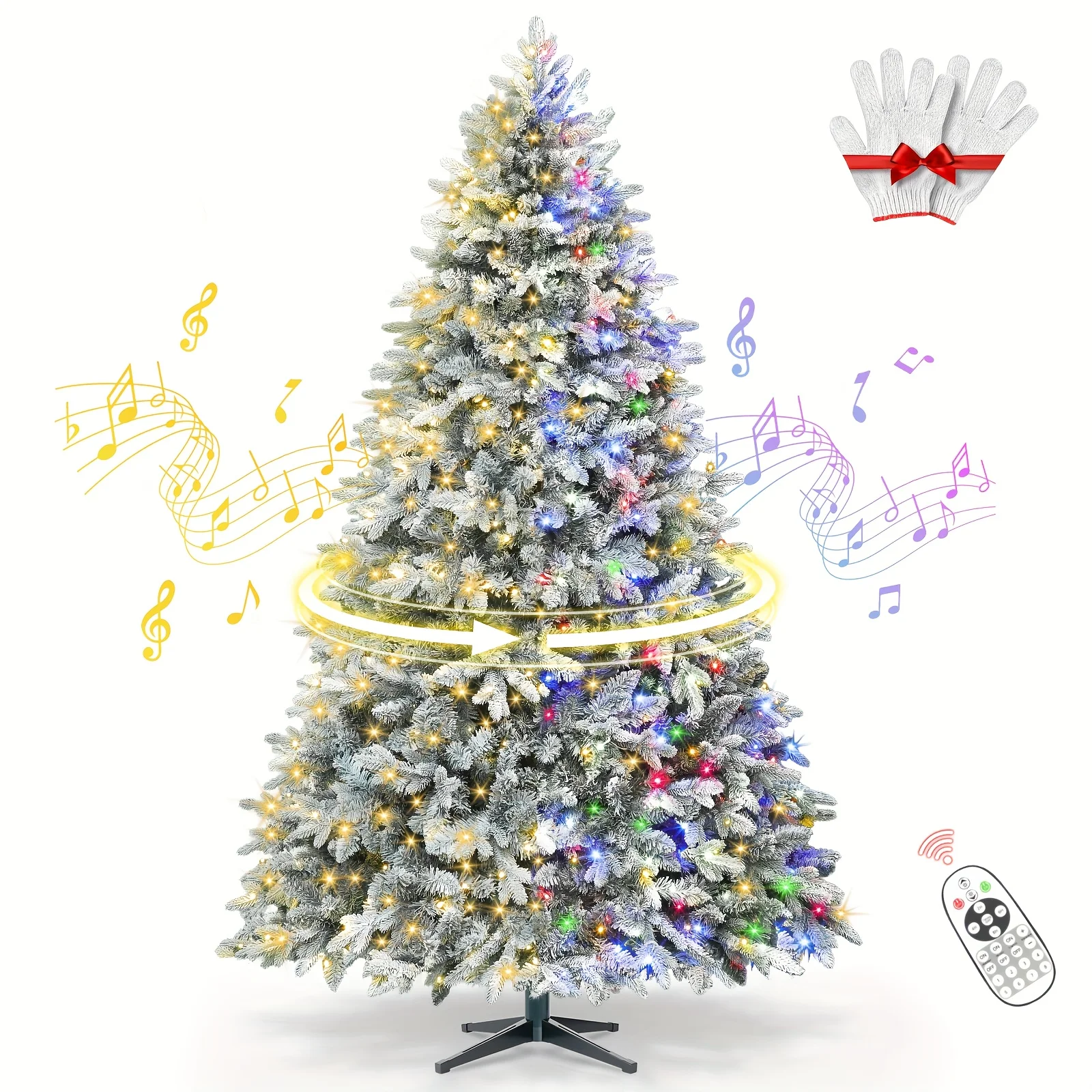 

6.5ft/7.5ft/9ft Snow Flocked Artificial Christmas Tree Remote Control,8 Lighting Modes 10 Brightness Levels,Musical Song Sync