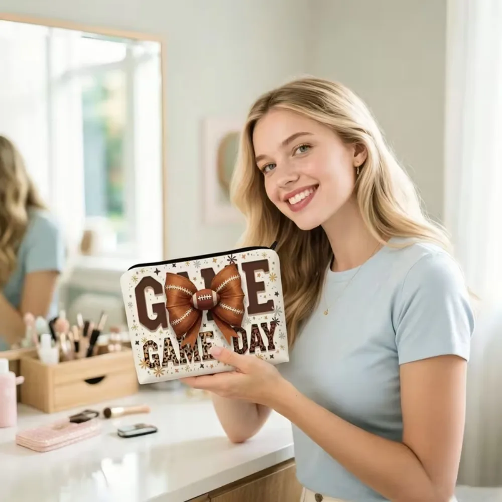 Game Day Makeup Bag Leopard Print Football Bow Cosmetic Pouch Portable Travel Storage Purse Sport Fan Gift For Sports Lovers