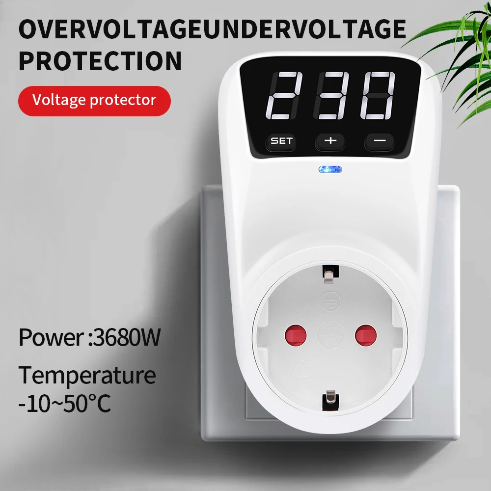 Automatic Voltage Protector Socket AC 230V 16A Adjustable LED Display Power Surge Protector Socket EU Plug Voltage Safe Protect