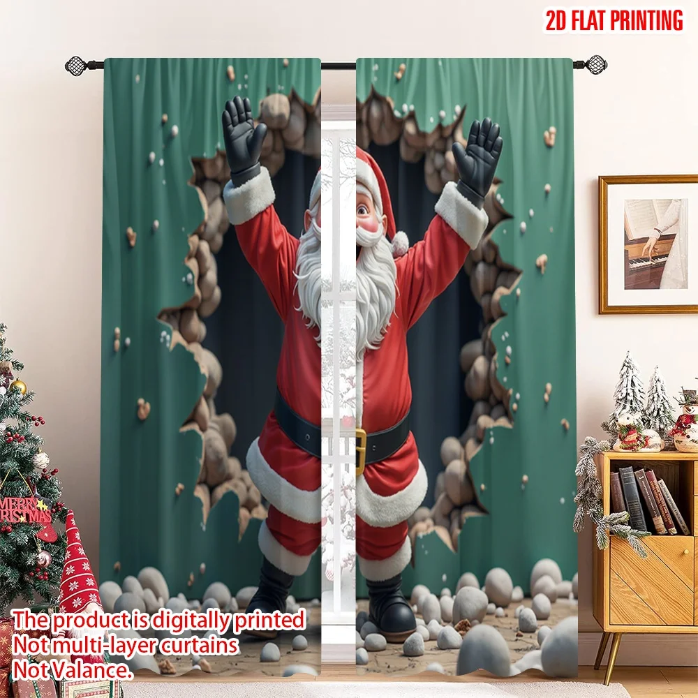 

2pcs 2D flat printing Merry Christmas Popular Curtain Santa Claus Breaking Through Green Wall 100% Polyester Fabric Without