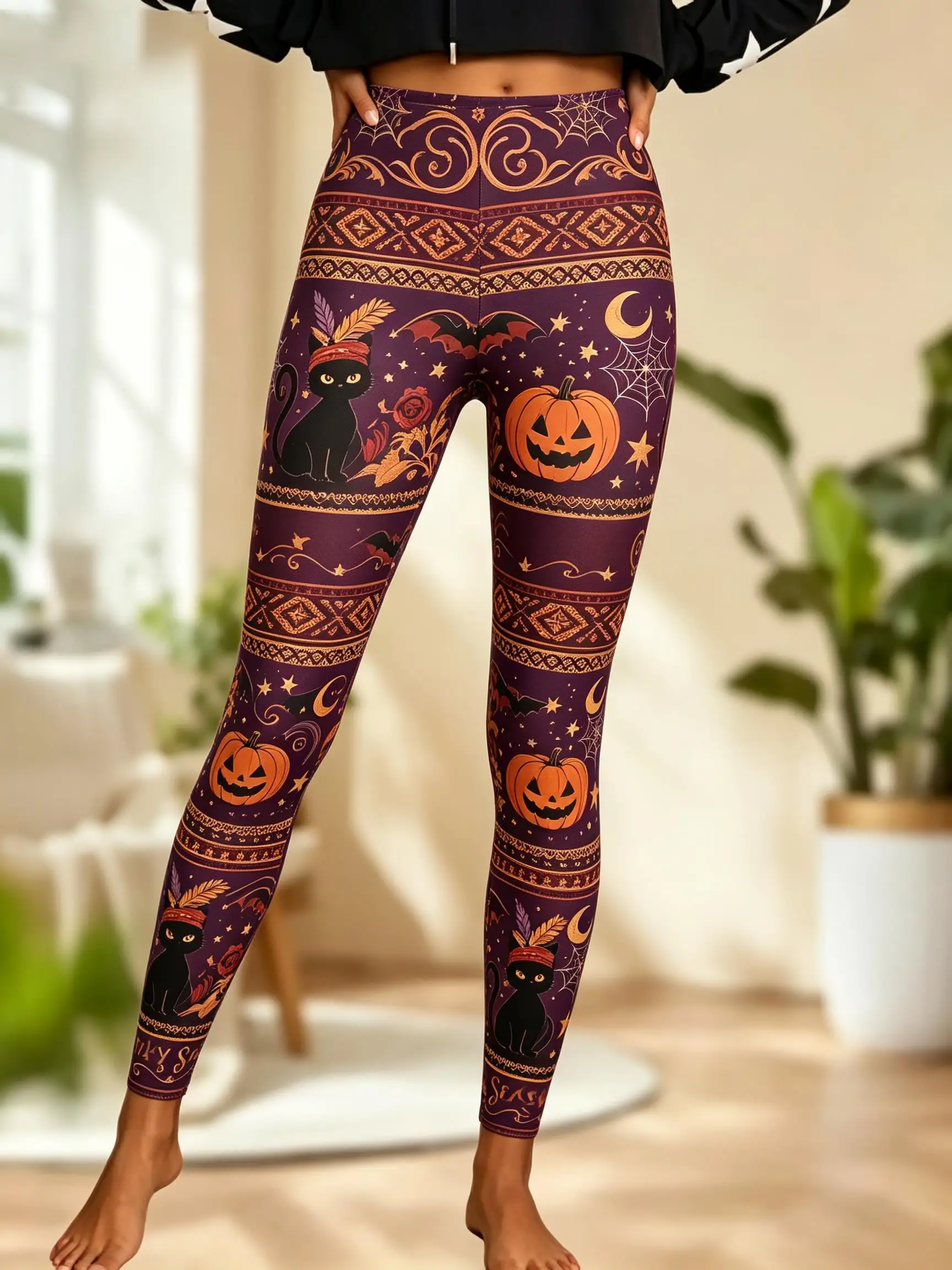 Women Mid Waist Fleece Lined Leggings Halloween Black Cat Pumpkin Moon Bat Print Slim Stretch Party Cosplay Trousers