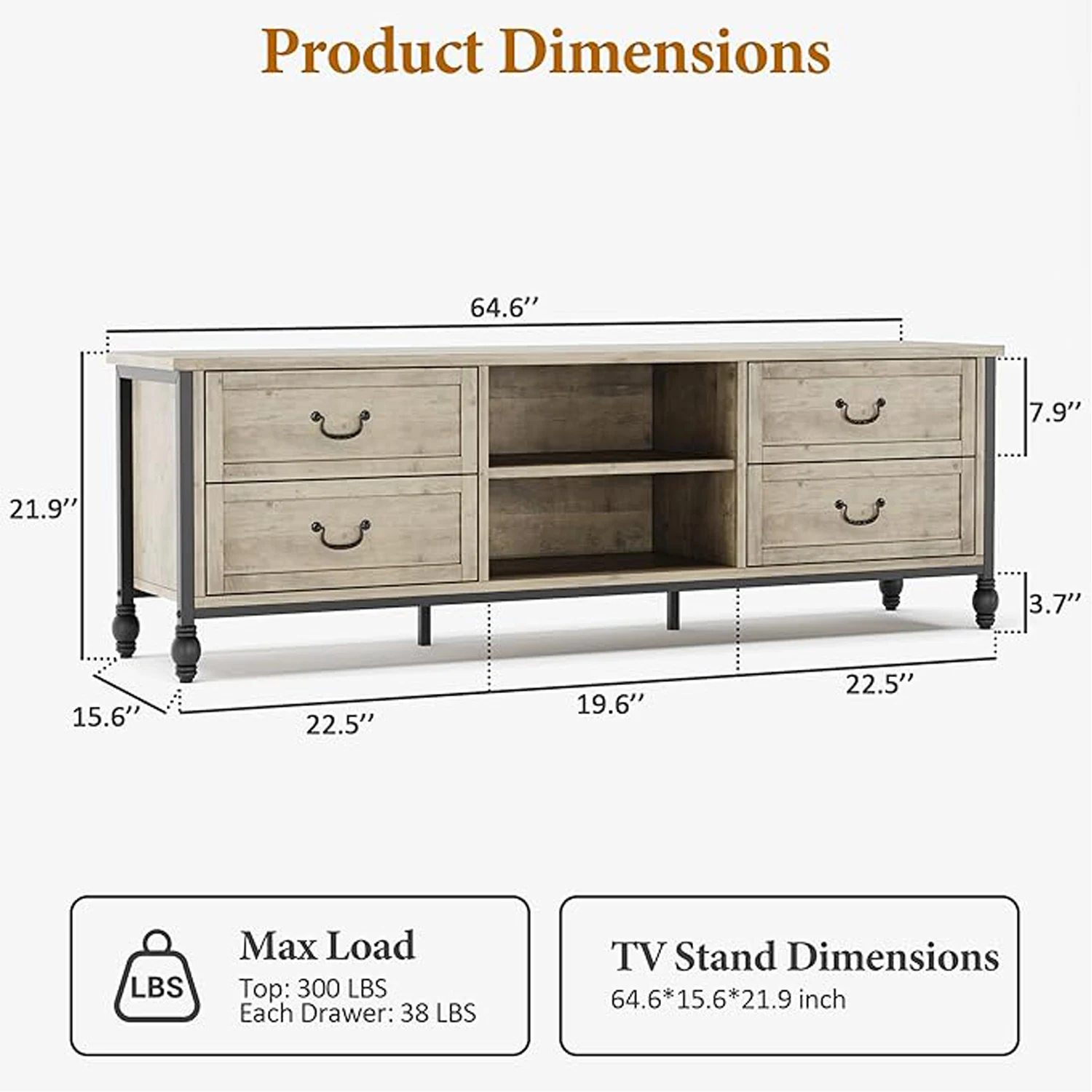 70 inch TV Stand,Mid Century Modern TV Stand with Storage,Entertainment Center with Metal Roman Columns & Handle,with Drawer