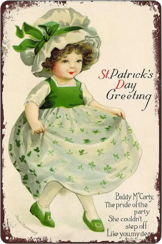 Vintage Metal Signs - St Patrick's Day Greeting Tin Sign Cute Irish Girl White Bonnet Poster Wall Art Decor Plaque for Home