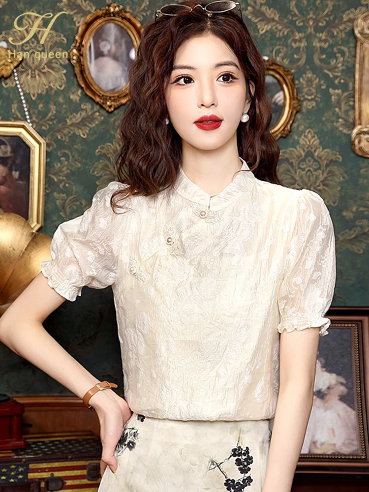 H Han Queen Summer Simple Elegant Blouses Woman Clothing Korean Loose Casual Vintage Shirts Office Wear Work Short Sleeve Tops