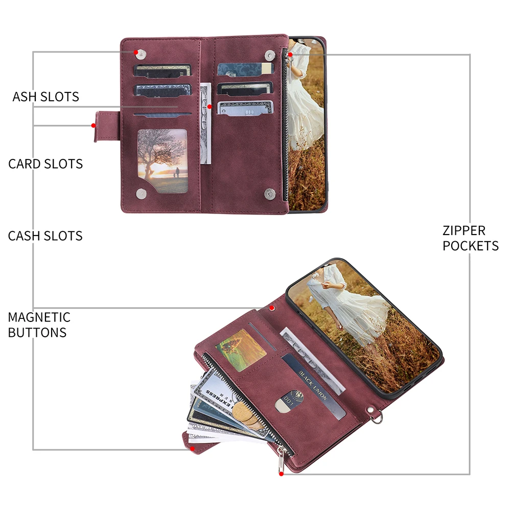 Zipper Wallet Multi Card Slots Case For Samsung Galaxy A20 A30 A50 A70 A30S A50S A70S A51 A71 A21S S8 S9 Flip Cover With Strap