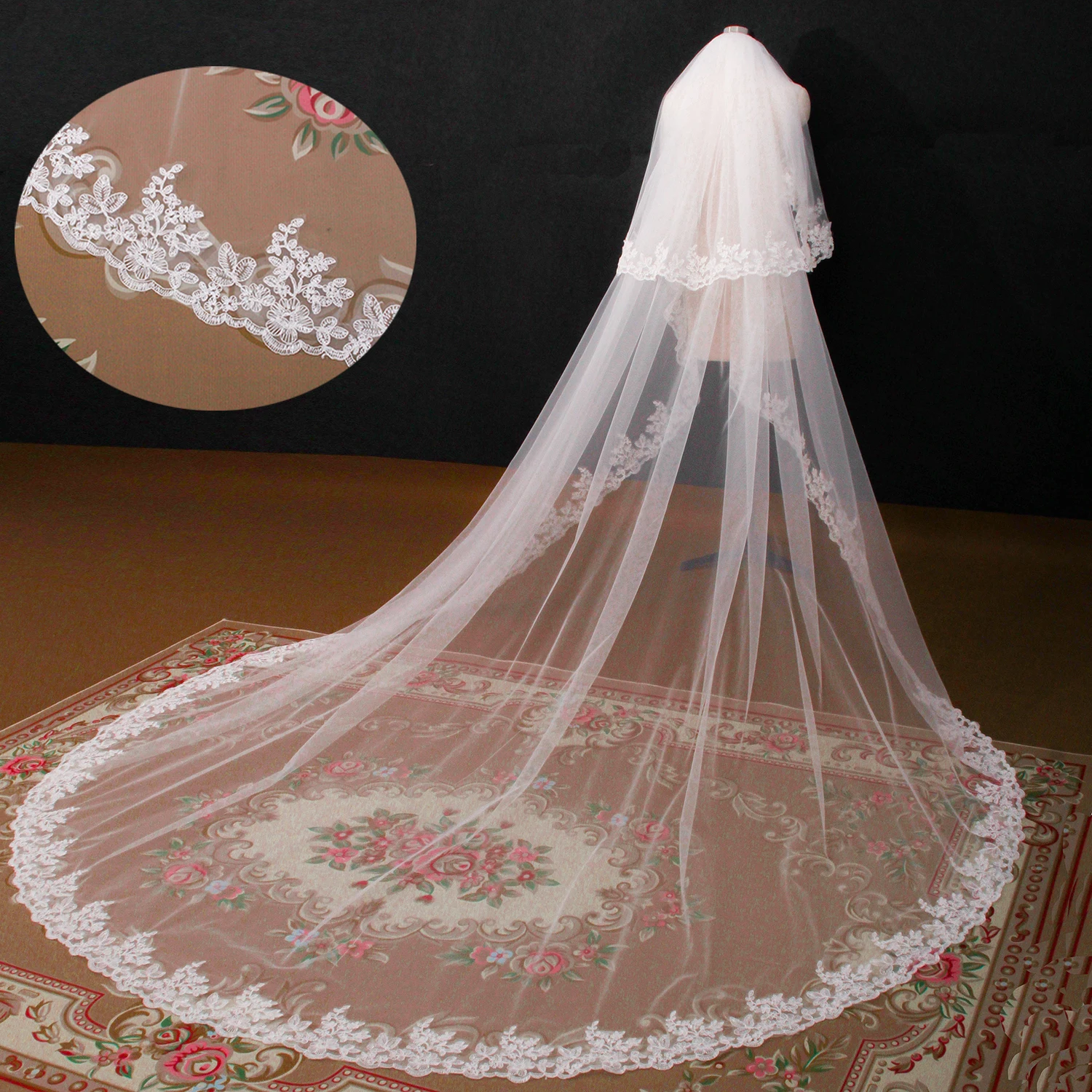 

NZUK 3 Meters Lace Cathedral 2 Layers Wedding Veil Cover Face Bridal Veil with Comb Blusher Veil Wedding Accessories