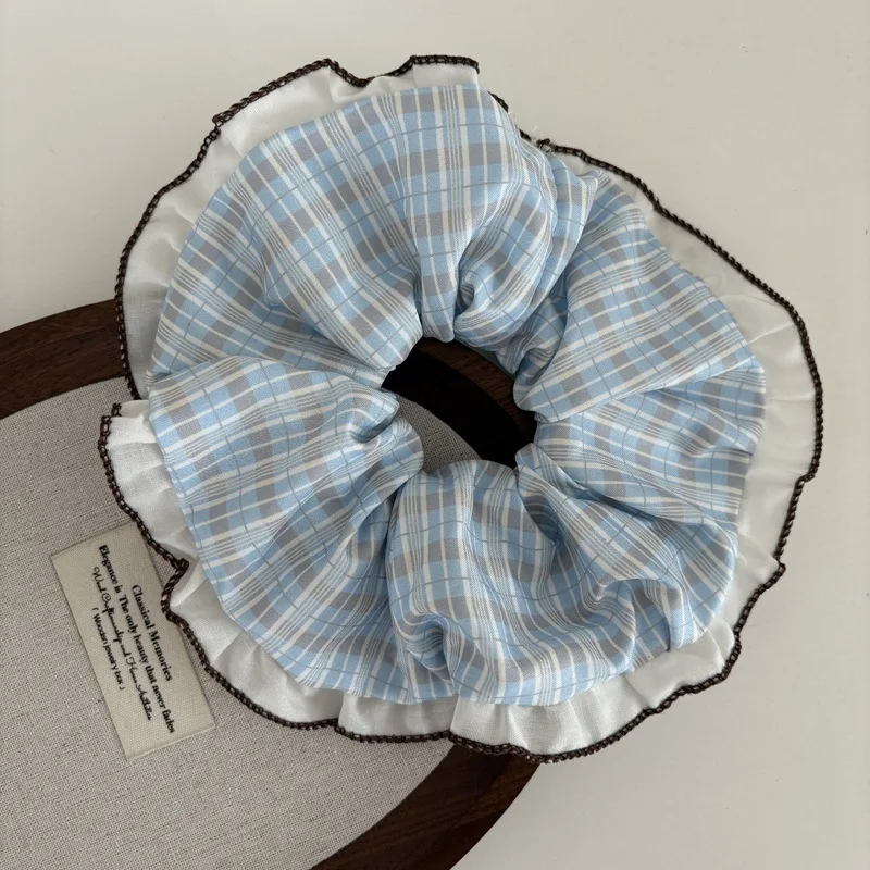 Super beautiful brown and blue color-blocked scrunchie with lace trim, large size hair tie for ponytail, hair accessory. view 6