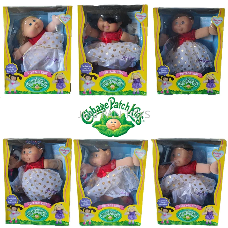 Muñeca Original Cabbage Patch Vintage para Niños, de Hilo Real, con Cabello Oscuro y Ojos Azules, Exclusiva de Party Fashions, con Top Rojo y Falda de Puntos, Regalo