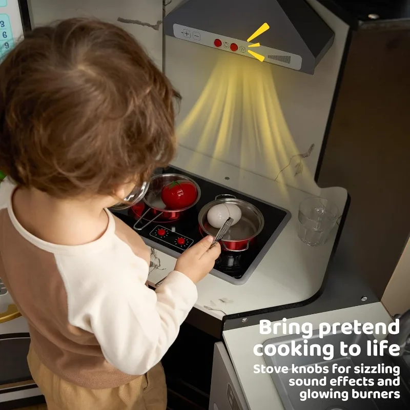 Joyfy Peuters Houten Hoekkeuken Doe alsof Speelset met Nep Voedsel Speelgoed Echte Lichten Geluiden Speelkeukenset voor kinderen