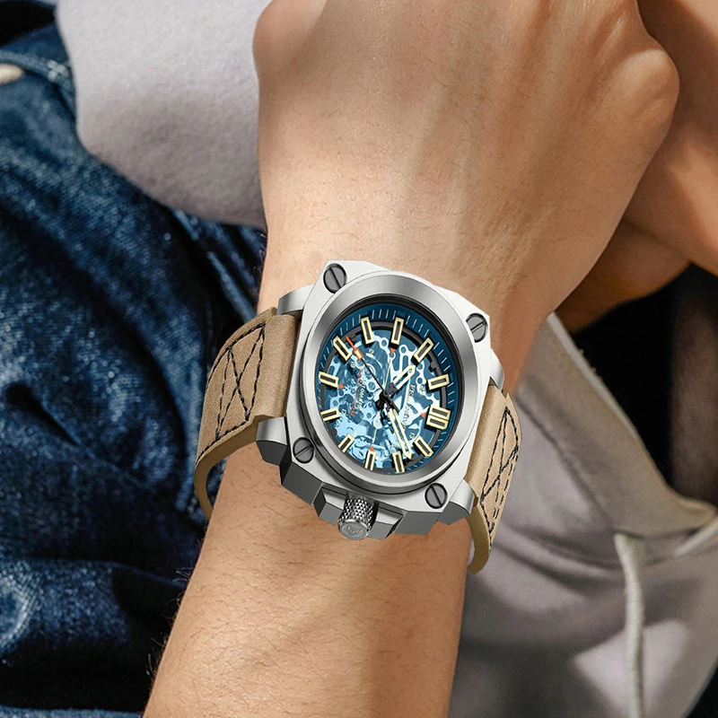 FeelNever, relojes con movimiento automático con diseño de esqueleto creativo para hombres, reloj de pulsera mecánico resistente al agua de Cuero militar de negocios