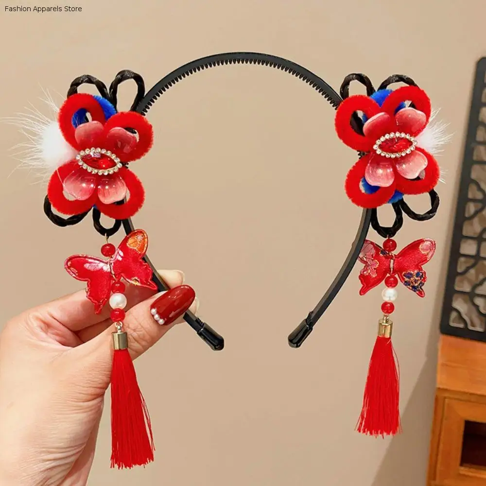 

Lovely Flower Children Wig Headband Braid Hair Tassel Hanfu Hair Sticks Tang Suit Hair Hoop Plush Red Bow Hairband Girls