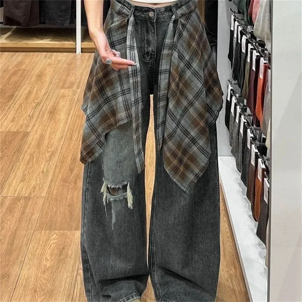Retro American Street Dance Hip Hop Plaid Scarf Wide Leg Jeans Women'S Autumn Winter New Elegant Loose Fit Casual Denim Pants