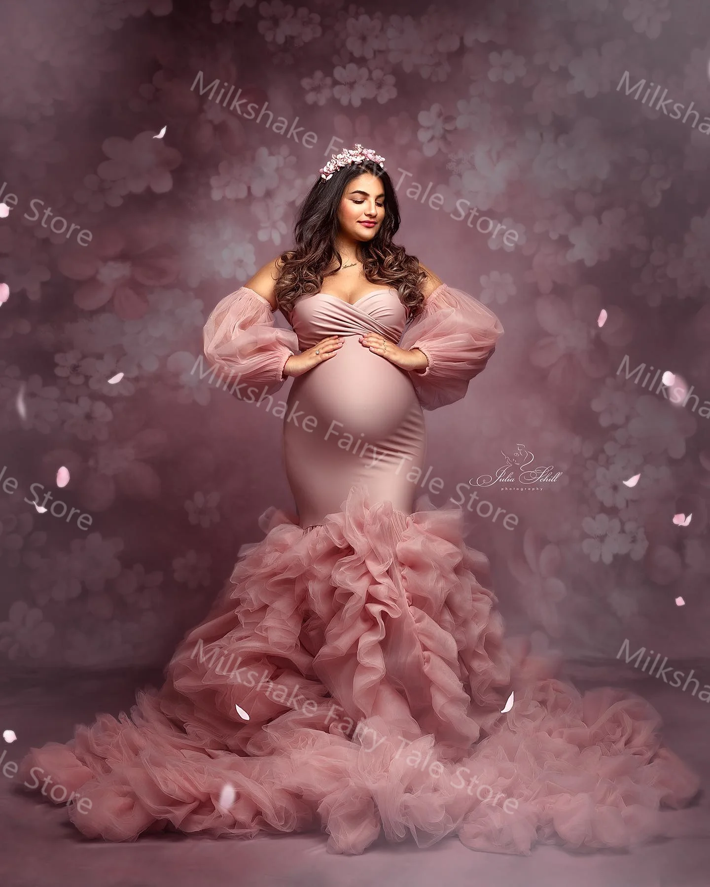 Vestidos de Noche de sirena rosa de lujo para sesión de fotos para mujeres embarazadas, hombros descubiertos, volantes, mangas personalizadas,