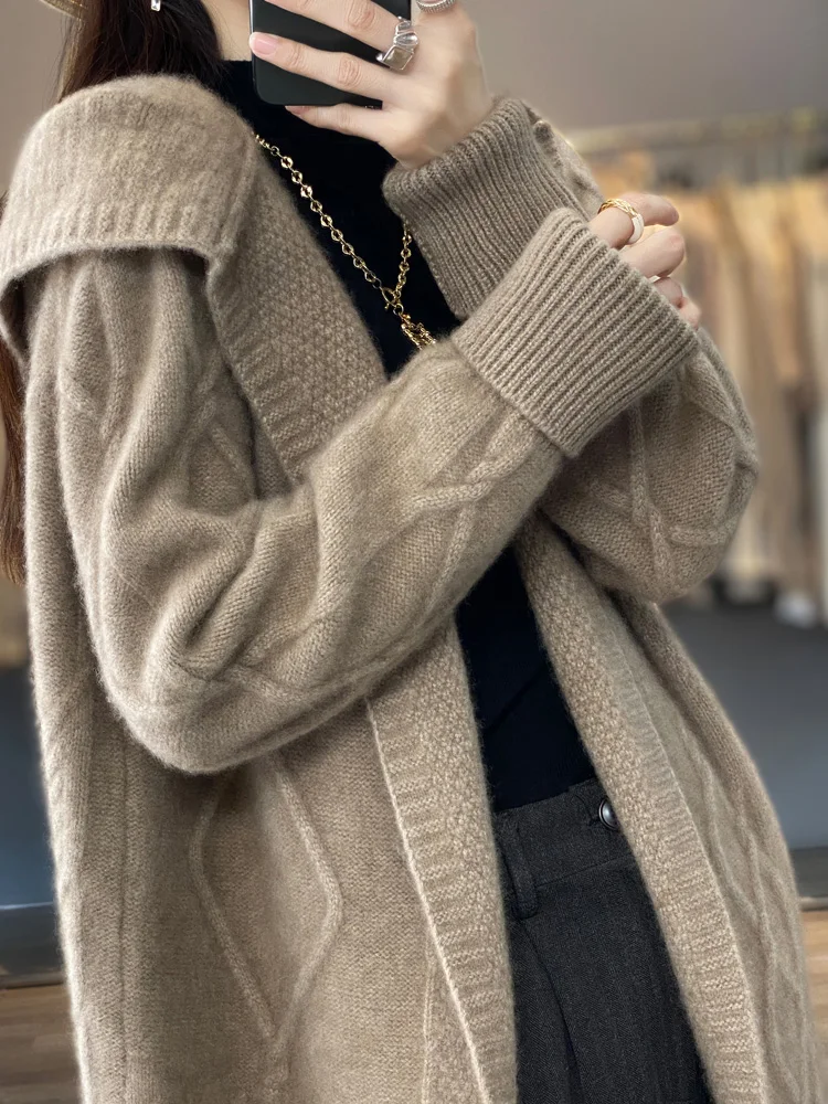 Autumn Winter 100% Merino Wool Women's Cardigan Long Sleeve Sweater Coat Loose Warm Cashmere Knitwear Fashion Female Long Coat