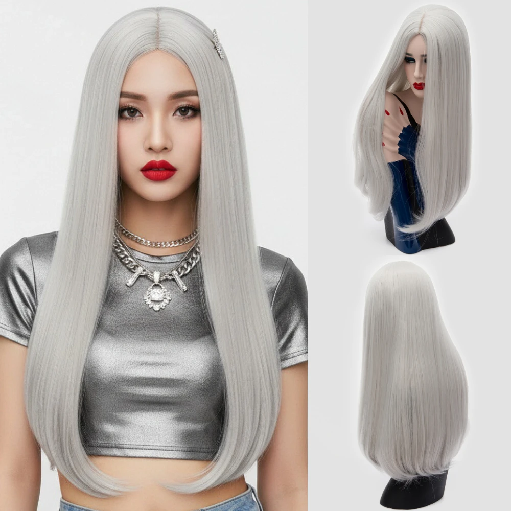 

Синтетический парик для косплея, серый, длинный, прямой, с центральной проборкой, из термостойкого волокна, для женщин, для Хэллоуина, повседневного и кэжуал образа